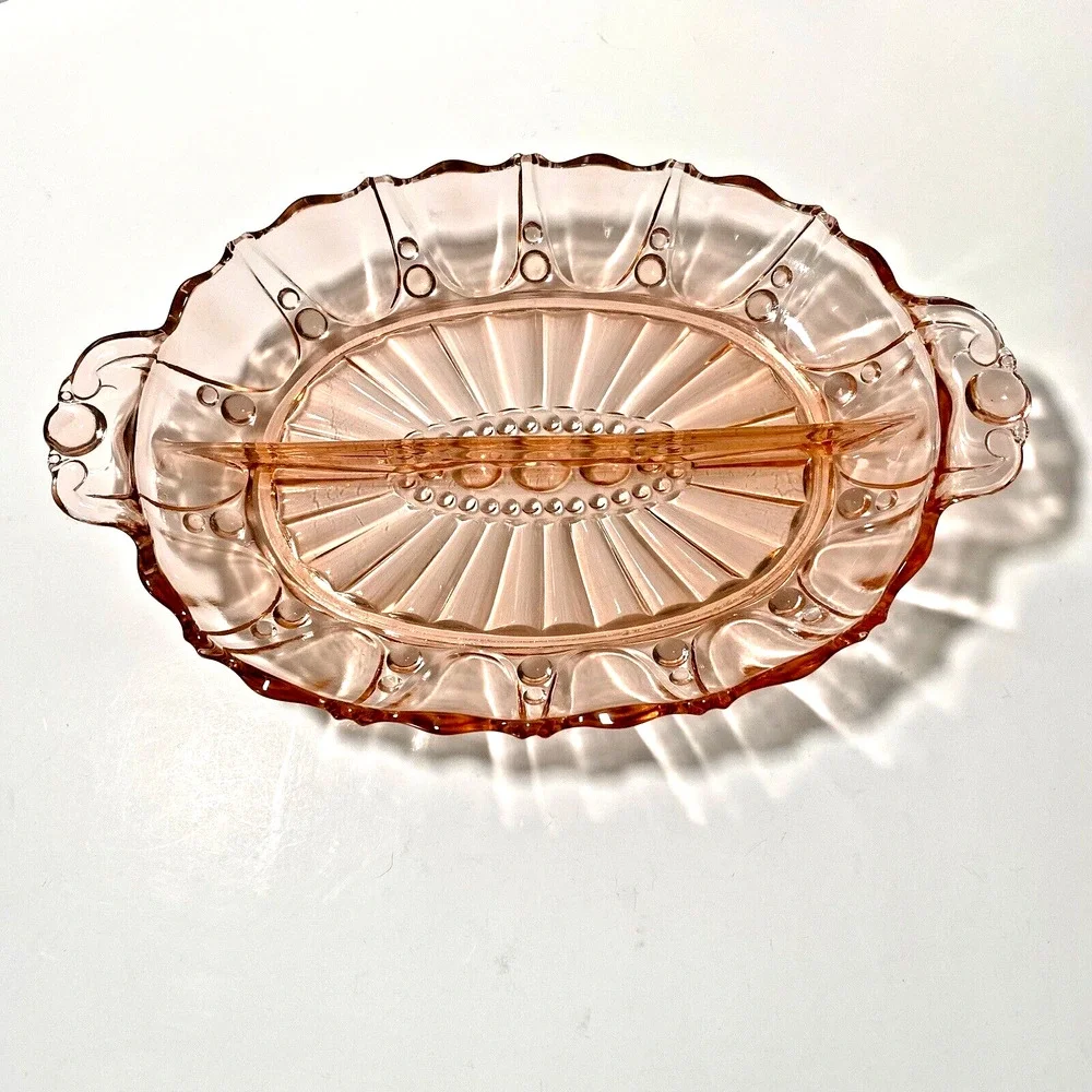 Anchor Hocking Pink Depression Glass Relish Serving Dish Oyster & Pearl Divided